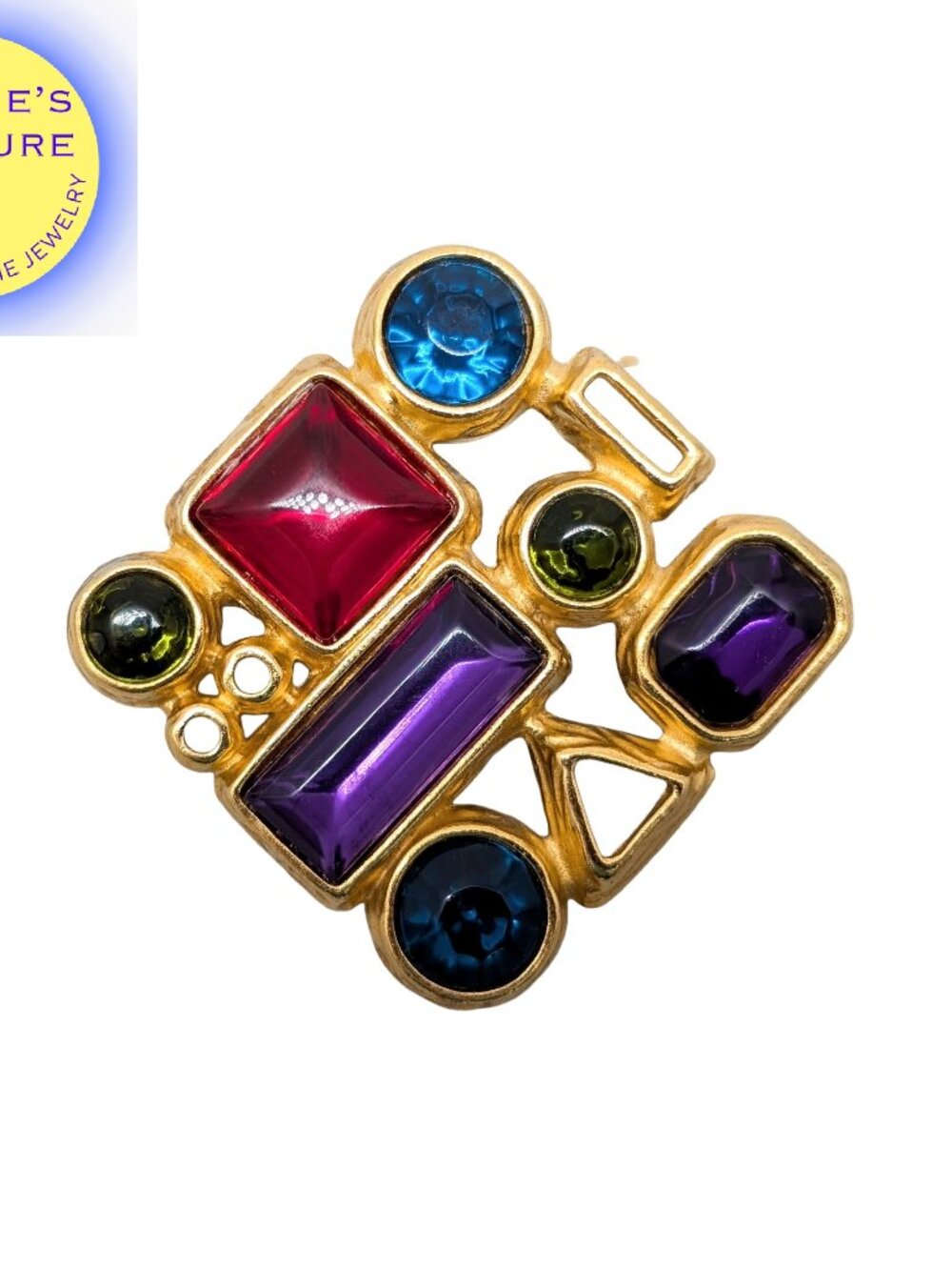 Vintage 1990s Signed Trifari Geometric Goldtone Jewel Tone Rhinestone Brooch
